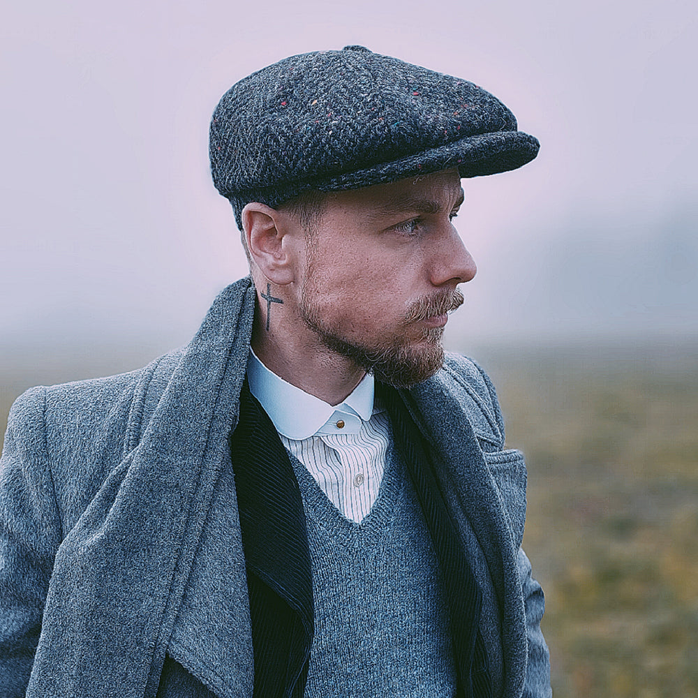 Heavyweight Donegal Tweed Herringbone Errigal Newsboy Cap - Charcoal-Multi