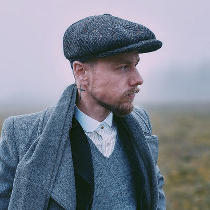 Heavyweight Donegal Tweed Herringbone Errigal Newsboy Cap - Charcoal-Multi